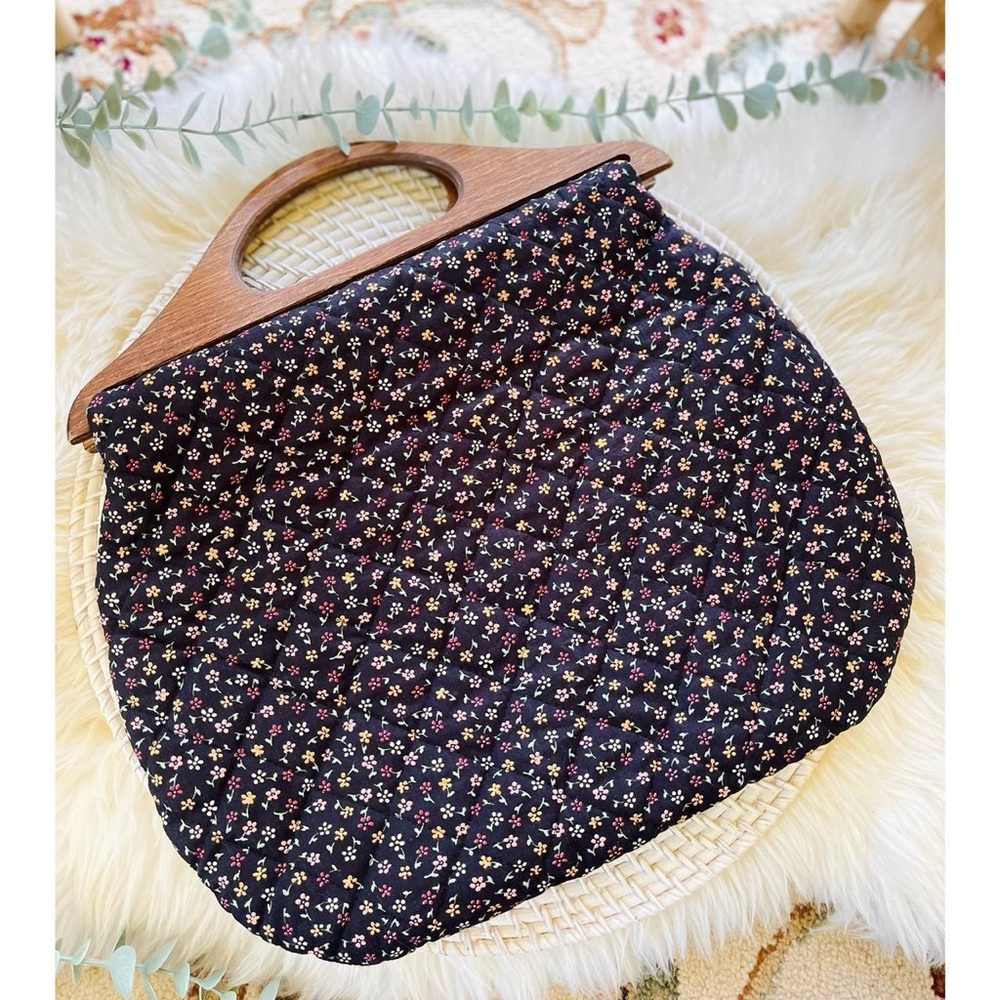 Vintage Handmade Quilted Granny Purse with Wooden Handles